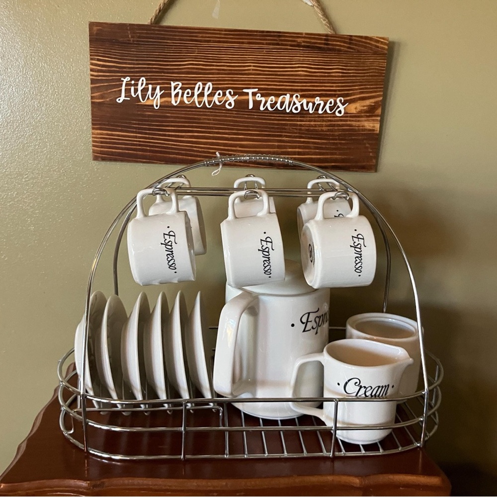 Macy's Elegant White Espresso Set with Chrome Rack